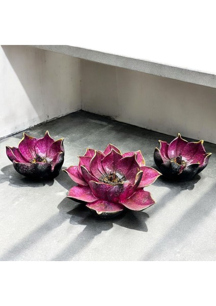 Luxury Dekoratif Polyester Üçlü Lotus Mumluk Pembe Gold Eskitme 1 Adet