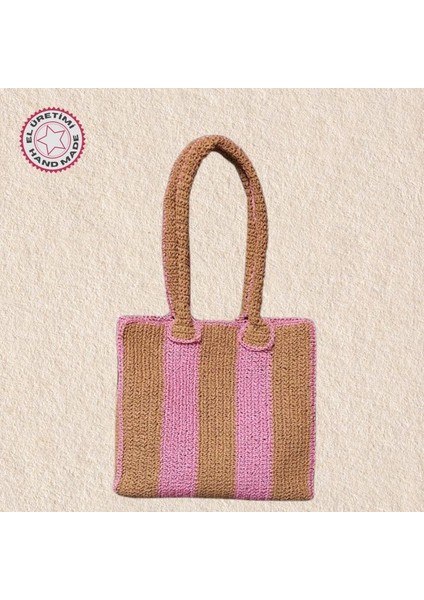 5087 El Örgüsü Pembe Şerit Model Kağıt Ip Kadın Omuz Çantası