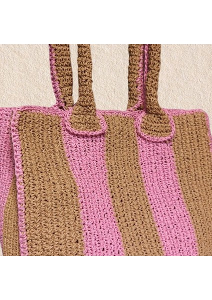 5087 El Örgüsü Pembe Şerit Model Kağıt Ip Kadın Omuz Çantası
