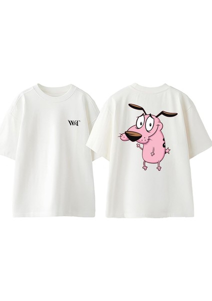 Cesur Korkak Kopek 1 Tasarım Sırt Baskılı Pamuk Beyaz Oversize T-Shirt