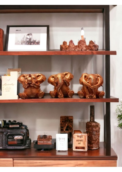 Luxury Bakır Renk 3lü Görmedim Duymadım Bilmiyorum Fil Biblo & 8 cm Taş Tozu Hediyelik Dekoratif Obje 1 Adet