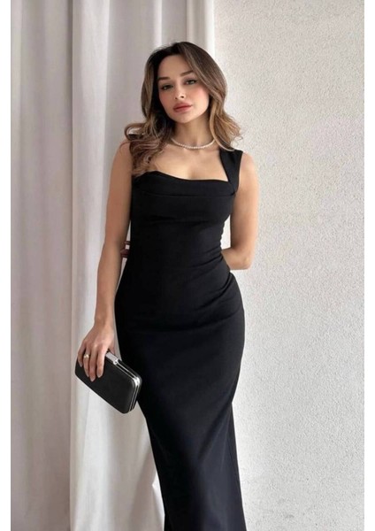 Askılı Drape Detay Maxi Boy Abiye Elbise