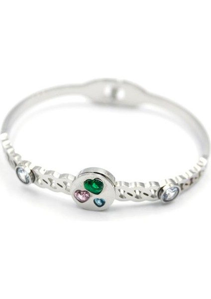 Taşlı Kalp Bilezik - Gümüş