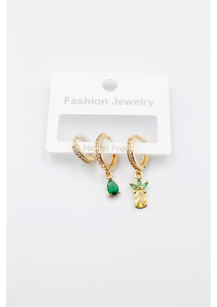 3'lü Ananas Küpe - Altın