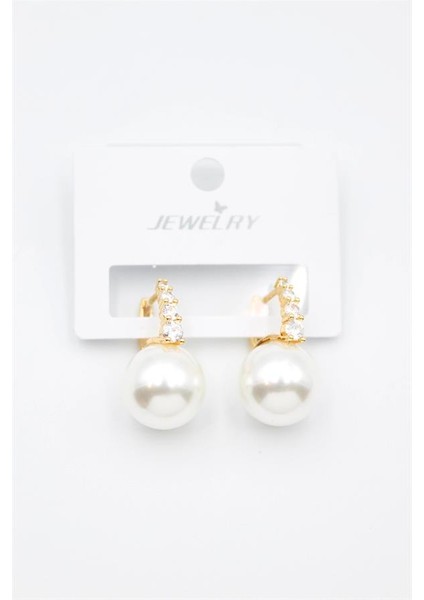 Taşlı Inci Küpe - Altın