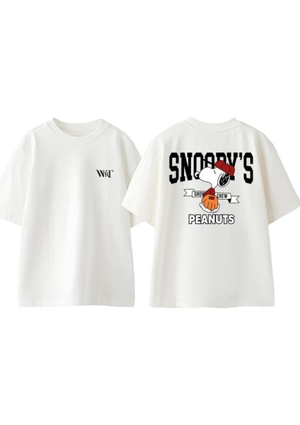 Snoopy Peanuts Tasarım Sırt Baskılı Pamuk Beyaz Oversize T-Shirt