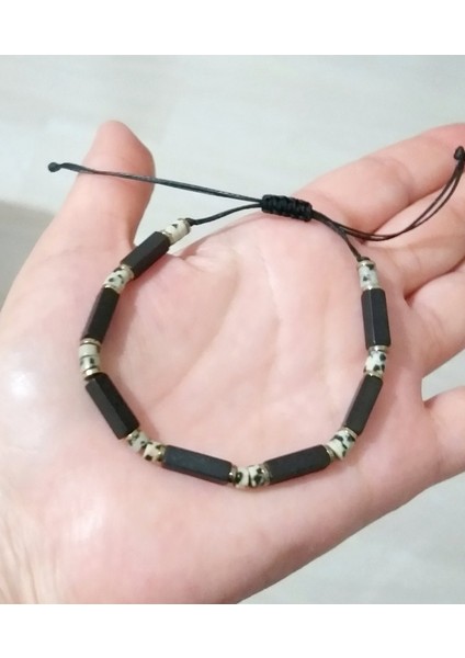 Dikdörtgen Şeklinde Siyah Hematit ve Dalmaçyalı Jasper Doğaltaşlı Unisex Bileklik