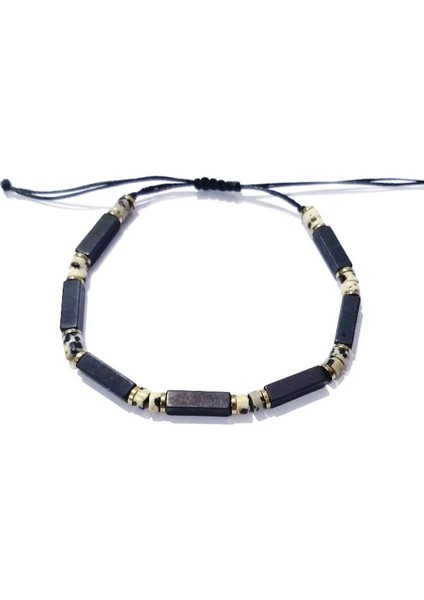 Dikdörtgen Şeklinde Siyah Hematit ve Dalmaçyalı Jasper Doğaltaşlı Unisex Bileklik fiyatları