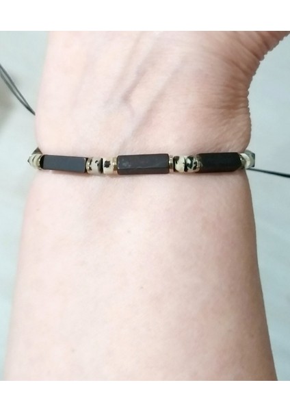 Dikdörtgen Şeklinde Siyah Hematit ve Dalmaçyalı Jasper Doğaltaşlı Unisex Bileklik fırsatları