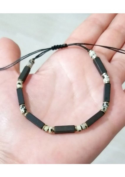 Dikdörtgen Şeklinde Siyah Hematit ve Dalmaçyalı Jasper Doğaltaşlı Unisex Bileklik indirimleri