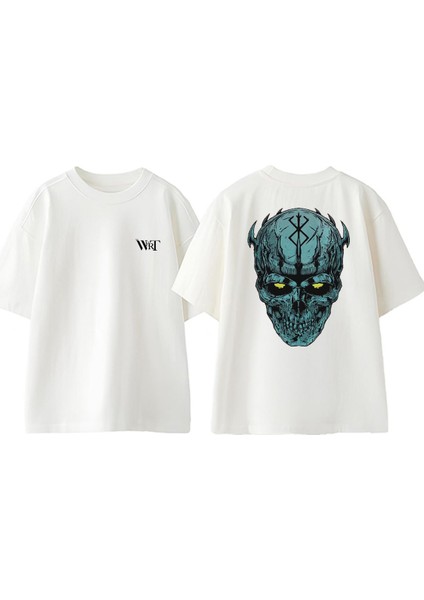 Berserk Kuru Kafa Tasarım Sırt Baskılı Pamuk Beyaz Oversize T-Shirt