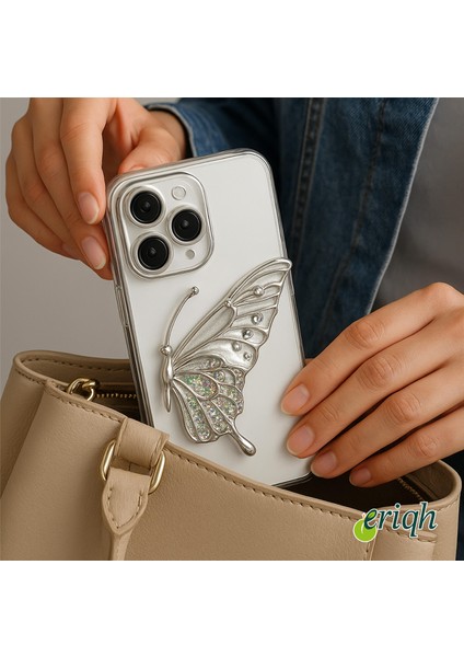 Kelebek Detaylı Apple iPhone Kılıfı – Kamera Korumalı, 3D Metalik Zarif Tasarım, Lüks ve Işıltılı Yüzey