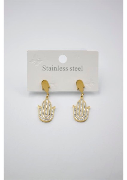 Taşlı Fatıma Eli Küpe - Altın