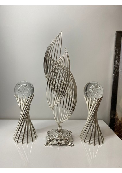 Luxury 3lü Set : Gümüş Renk Metal Tasarımlı 2 Burgulu ve 1 Helezon Dekorasyon Objesi 1 Adet