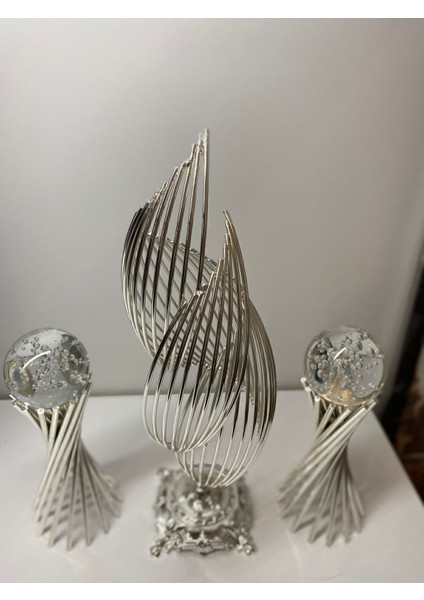 Luxury 3lü Set : Gümüş Renk Metal Tasarımlı 2 Burgulu ve 1 Helezon Dekorasyon Objesi 1 Adet