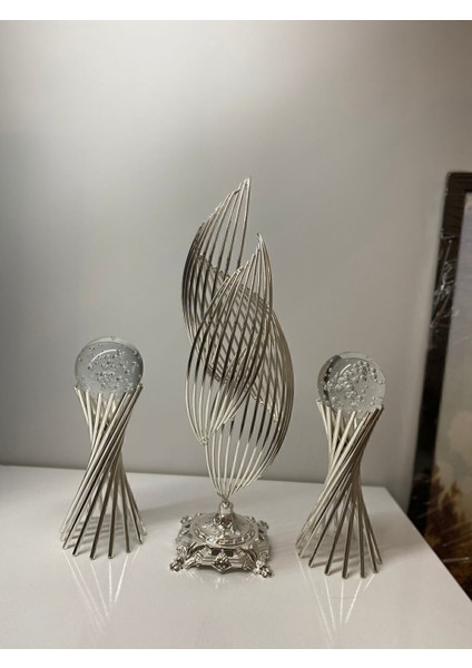Luxury 3lü Set : Gümüş Renk Metal Tasarımlı 2 Burgulu ve 1 Helezon Dekorasyon Objesi 1 Adet
