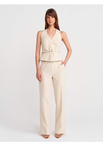 71654 Çift Kemerli Pantolon-Ekru