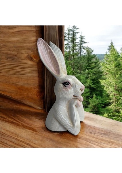 Luxury Dekoratif Ellerini Çenesine Koymuş Tavşan Biblo – El Boyaması Polyester Figür 6X8X16 cm 1 Adet