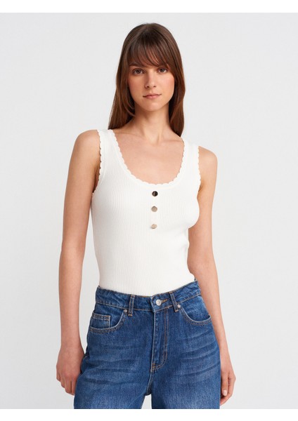 10744 Fitilli Düğme Detaylı Triko Bluz-Ekru