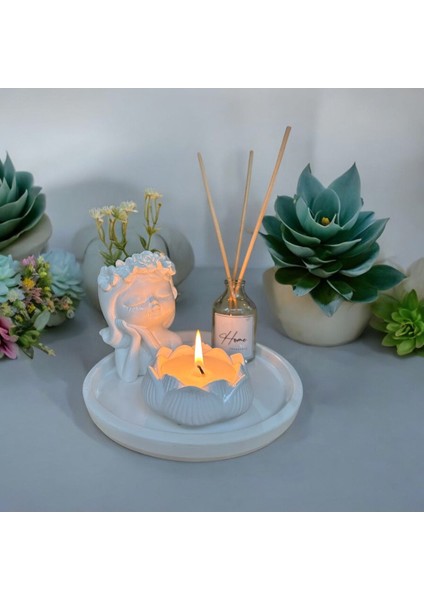 Luxury Dekoratif 4’lü Obje Set,çiçekli Kız,lotus Mumluk, 50ML Japon Kirazı Oda Kokusu,yuvarlak Tepsi 1 Adet