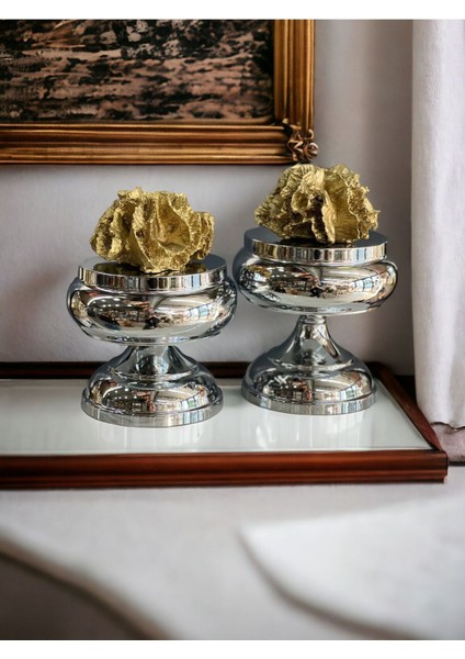 Luxury Dekoratif 2'li Mercan Ayaklı Kutu & Obje Gümüş / Gold 1 Adet