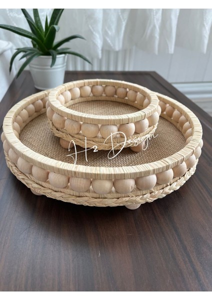 Luxury Ahşap Boncuklu Doğal Rafya Dekoratif Hasır Tepsi 24 cm ve 12 cm 1 Adet modelleri