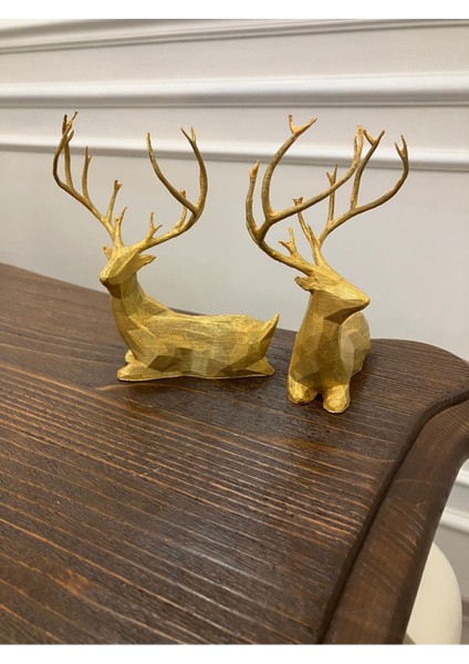 Luxury Parlak Gold 2’li Oturan Geyik Seti (12 cm Yüks.) 1 Adet