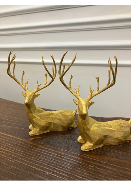 Luxury Parlak Gold 2’li Oturan Geyik Seti (12 cm Yüks.) 1 Adet
