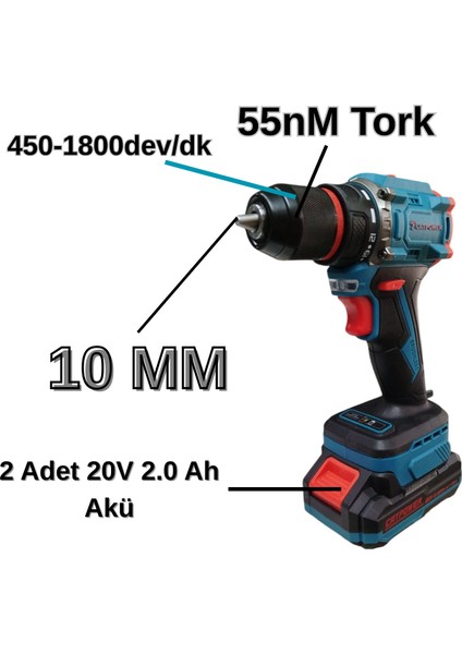 power E1010 Çift Vitesli Darbeli 20V Şarjlı Matkap Hızlı Şarjlı 55NM Tork Kömürsüz Motor