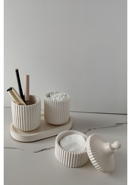 Luxury 4'lü Set, Beyaz Dekoratif Taş Tabak, Pamukluk, Boş Kutu, Kulak Pamukluğu Banyo Seti 1 Adet