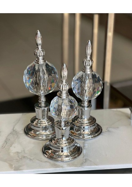 Luxury 3'lü Dekoratif Alem Dekorlu Kristal Top Küre & Obje Gümüş 1 Adet