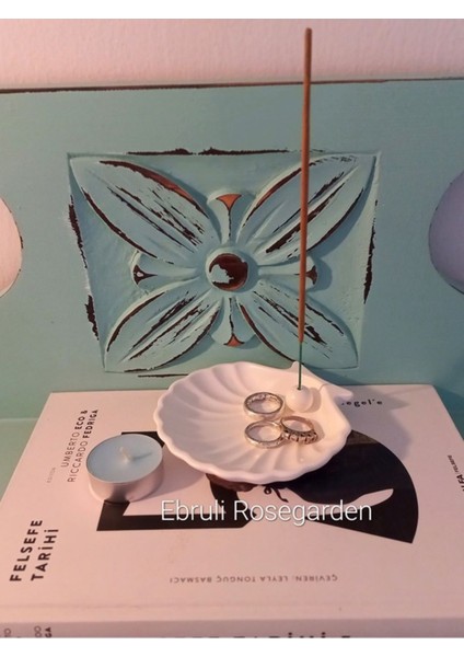 Luxury Dekoratif Istridye Takı Tabağı Tütsülük Sunum Tabağı Vernikli ve Mavi Vanilyalı Tealight Mum Set 1 Adet
