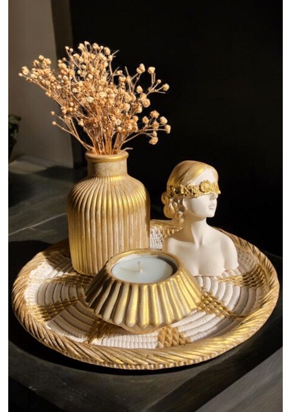 Luxury Gold Hasır Görünümlü Tabak, Şişe Vazo, Zarif Kadın Biblo, Mumluk ve Mum 5'li Set Hediyelik 1 Adet