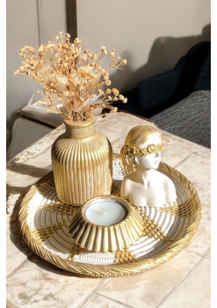 Luxury Gold Hasır Görünümlü Tabak, Şişe Vazo, Zarif Kadın Biblo, Mumluk ve Mum 5'li Set Hediyelik 1 Adet