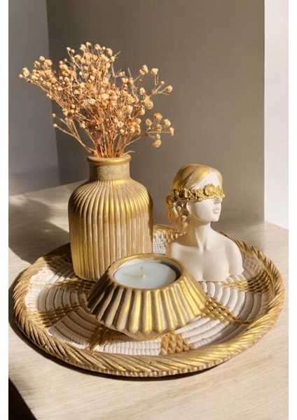 Luxury Gold Hasır Görünümlü Tabak, Şişe Vazo, Zarif Kadın Biblo, Mumluk ve Mum 5'li Set Hediyelik 1 Adet