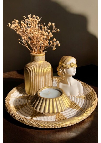 Luxury Gold Hasır Görünümlü Tabak, Şişe Vazo, Zarif Kadın Biblo, Mumluk ve Mum 5'li Set Hediyelik 1 Adet