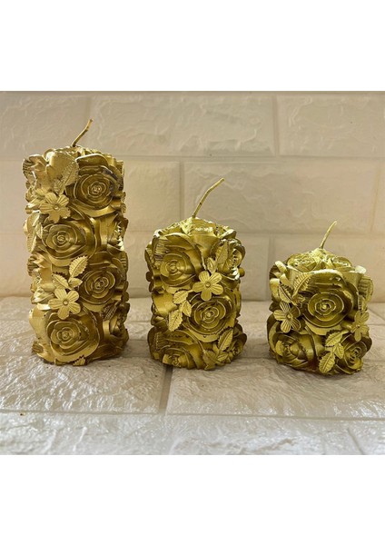 - 3 Adet Çiçek Desenli Dekoratif Mum Gold Nrmsa