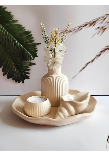 Luxury Dekoratif Vazo Seti Obje Seti Pampas Vazo,mumluk,deniz Kabuğu,bulut Tabak 4 Parça Koyu Krem Renk. 1 Adet modelleri