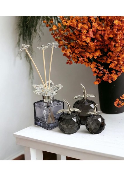 Luxury 3'lü Kristal Elma Obje Füme & Kristal Koku Şişesi Füme Gümüş Set 1 Adet