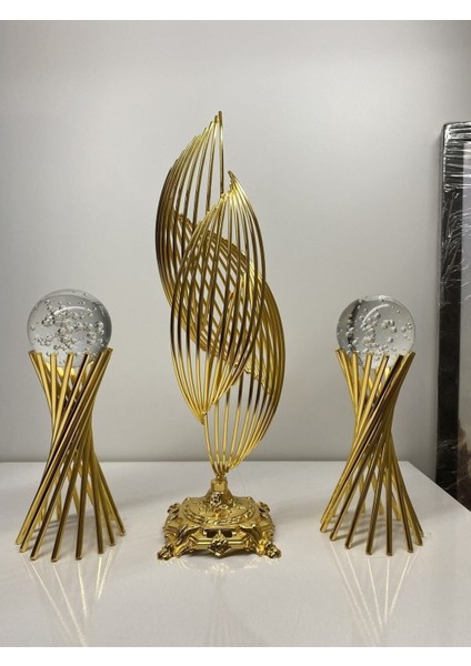 Luxury 3'lü Set: Şık Metal Tasarımlı 2 Burgulu ve 1 Helezon Baloncuklu Dekorasyon Objesi, Hediyelik Lüks Ev 1 Adet