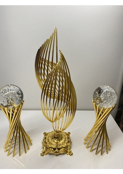 Luxury 3'lü Set: Şık Metal Tasarımlı 2 Burgulu ve 1 Helezon Baloncuklu Dekorasyon Objesi, Hediyelik Lüks Ev 1 Adet