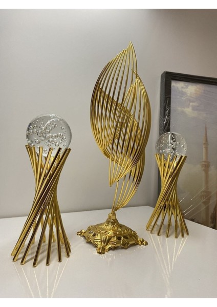 Luxury 3'lü Set: Şık Metal Tasarımlı 2 Burgulu ve 1 Helezon Baloncuklu Dekorasyon Objesi, Hediyelik Lüks Ev 1 Adet