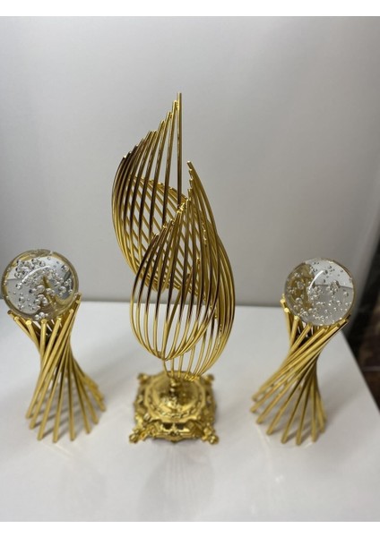 Luxury 3'lü Set: Şık Metal Tasarımlı 2 Burgulu ve 1 Helezon Baloncuklu Dekorasyon Objesi, Hediyelik Lüks Ev 1 Adet