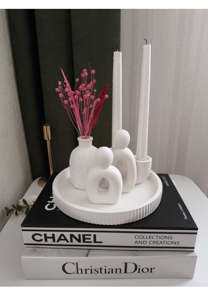 Luxury Dekoratif Yuvarlak Tabak & Aile & Vazo & Şamdanlık Set 1 Adet