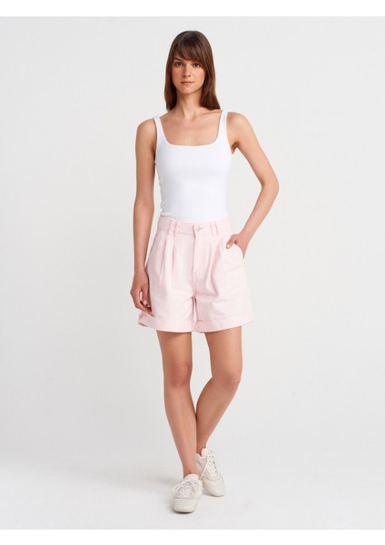 71988 Çift Pileli Paçası Kıvrık Denim Şort-Pembe