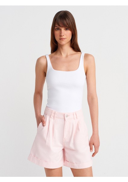 71988 Çift Pileli Paçası Kıvrık Denim Şort-Pembe