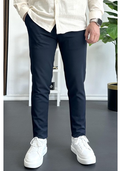 Erkek Beli Düğmeli Pamuklu Dar Kalıp Pantolon Lacivert EDW364