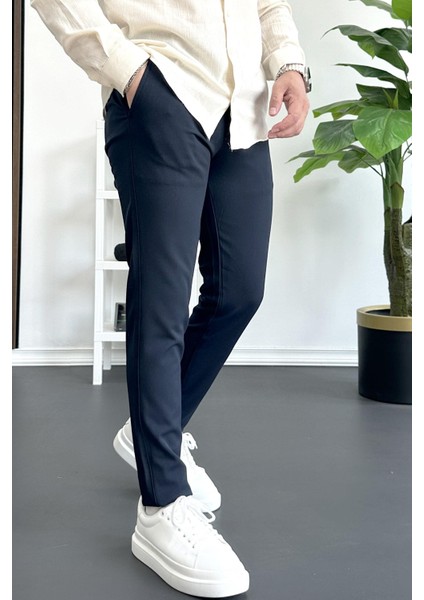 Erkek Beli Düğmeli Pamuklu Dar Kalıp Pantolon Lacivert EDW364 fiyatları