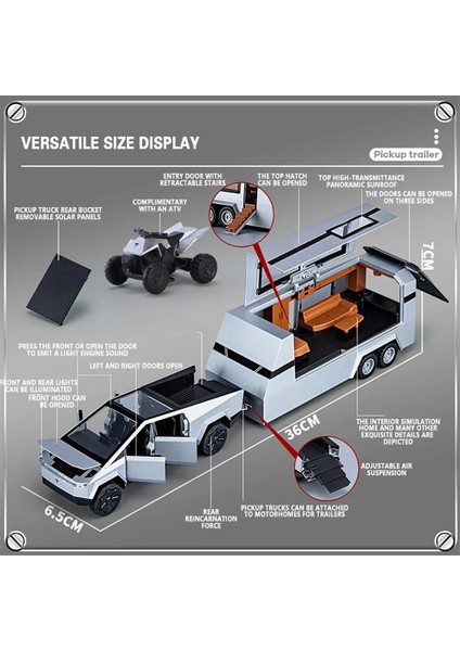 Ölçekli 1:32 Tesla Cybertruck Pickup Römork Rv Metal Alaşım Oyuncak Araba Modeli Diecast Off-Road Araç Hediye Erkek Çocuklar Için Koleksiyon (Yurt Dışından)
