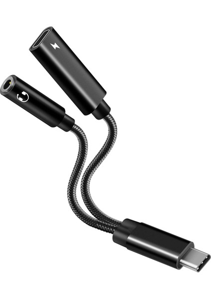 USB C - 3,5 mm Kulaklık Jakı Adaptörü 2'si 1 Arada, Ses Kablosu Siyah (Yurt Dışından)